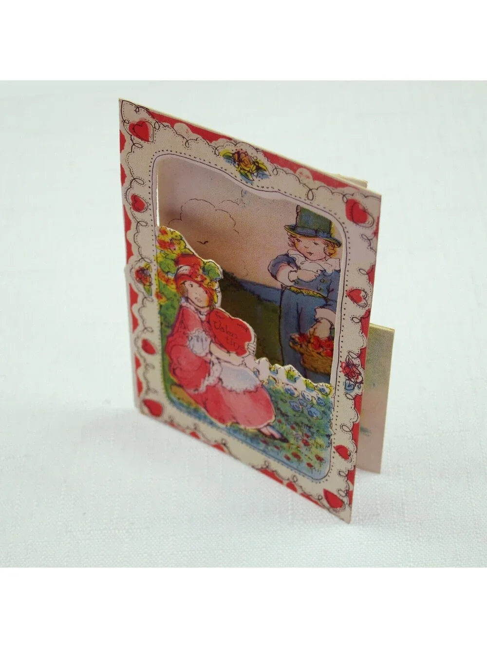 Vintage Valentine Die cut Fold 3D Card Cute Girl & Boy Garden 1920s-30s UNSIGNED